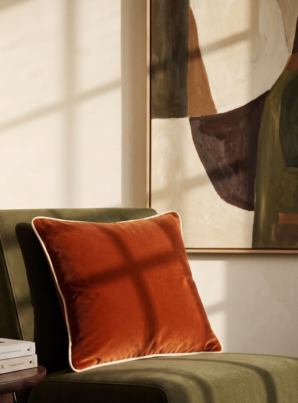 Rust piped velvet cushion on a dark green armchair in front of an abstract painting