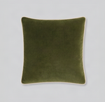 Olive green velvet cushion cover with cream piping, front view