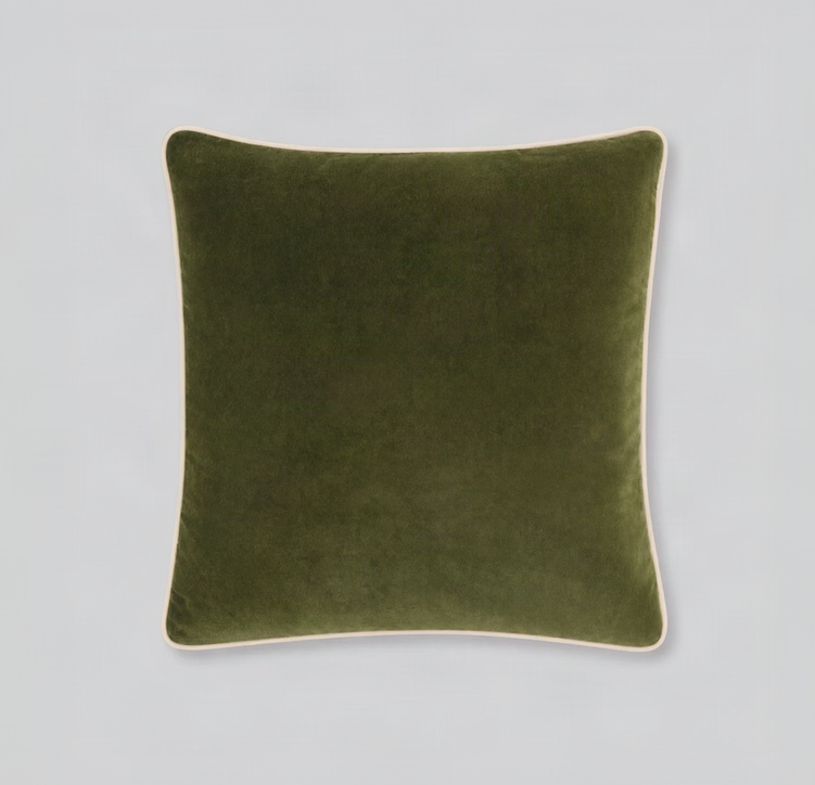 Olive green velvet cushion cover with cream piping, front view