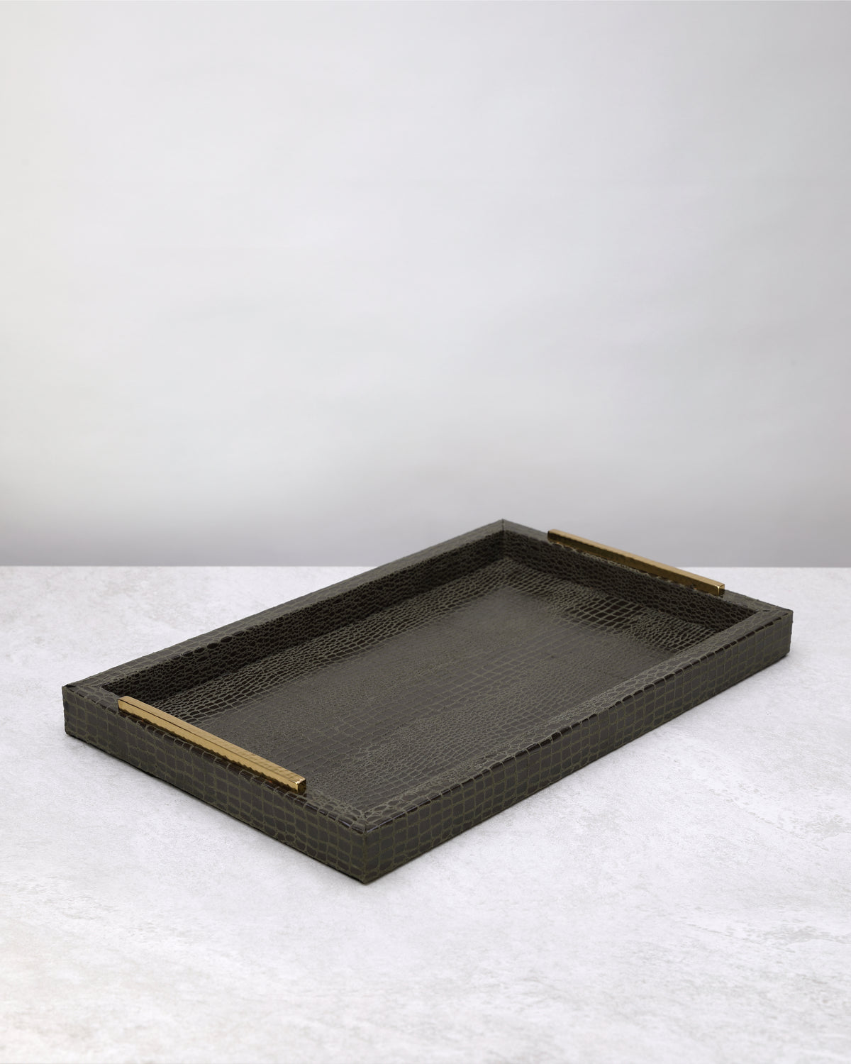 Large olive green slim faux leather tray with gold handles