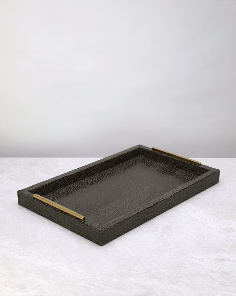 Large olive green slim faux leather tray with gold handles