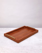Large tan slim faux leather tray with gold handles