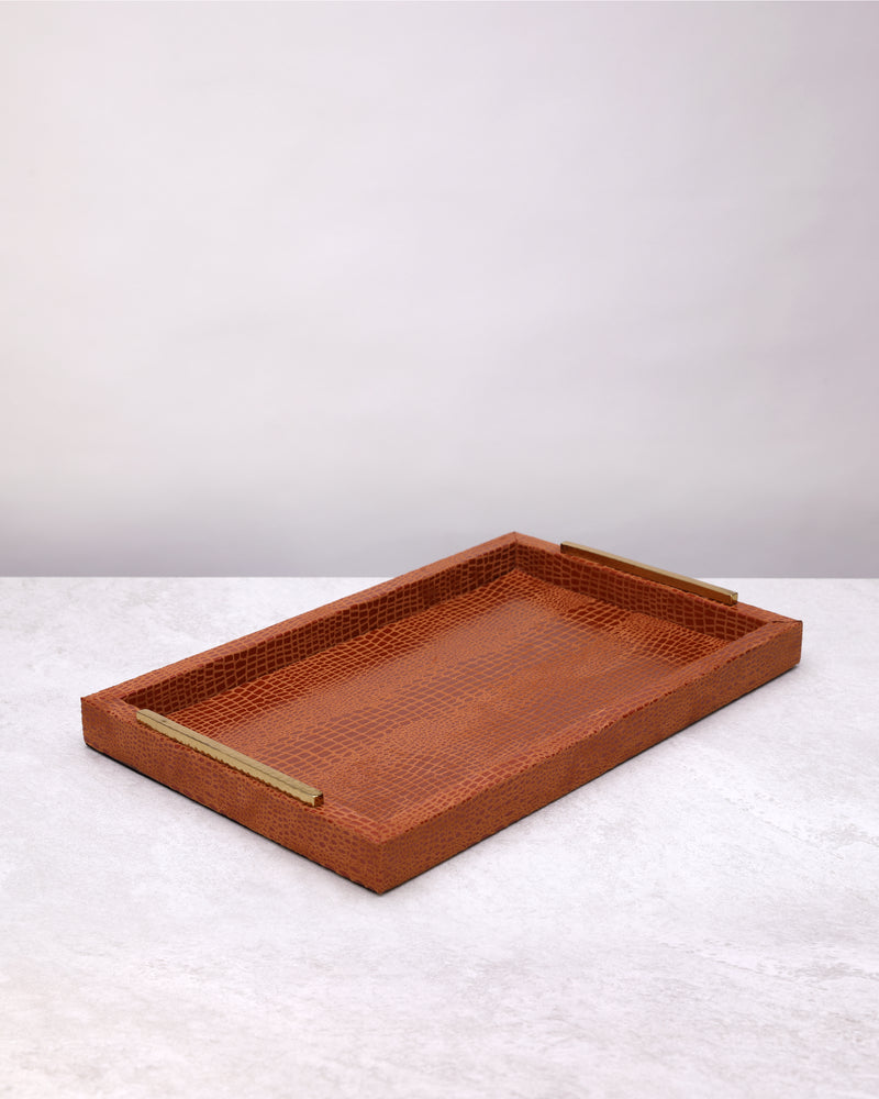 Large tan slim faux leather tray with gold handles