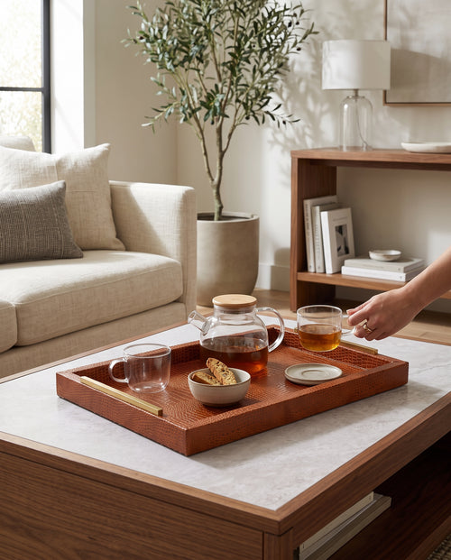 Large Tan Slim Faux Leather Tray