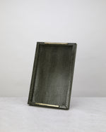 Large olive green slim faux leather tray standing upright