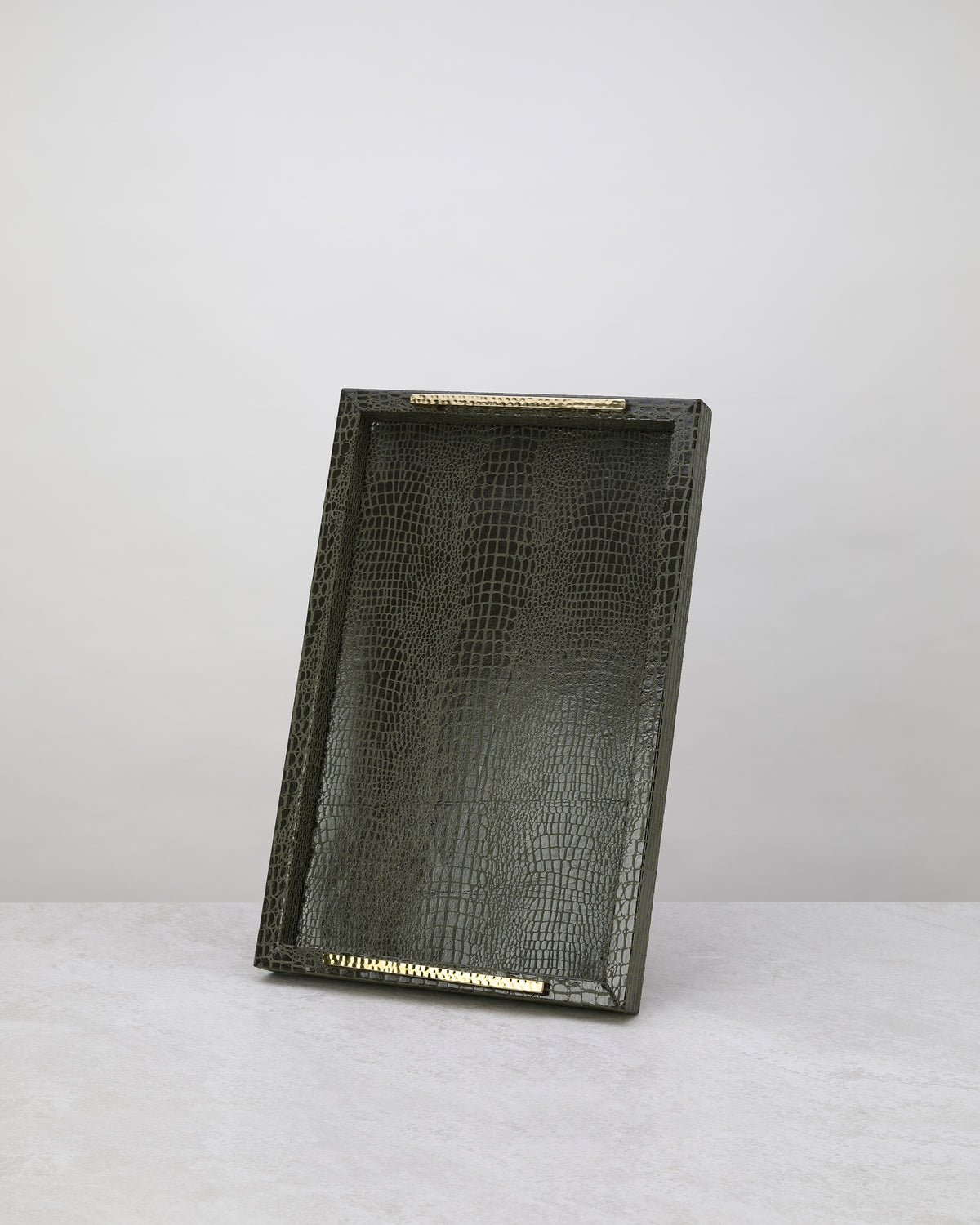 Large olive green slim faux leather tray standing upright