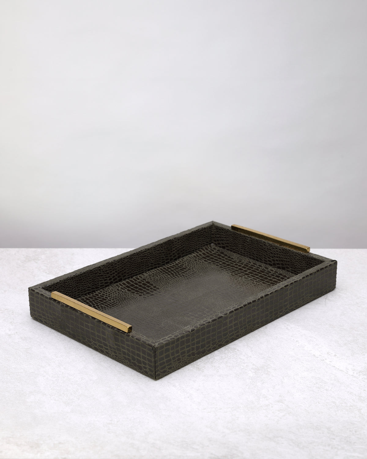 Small olive green slim faux leather tray with gold handles