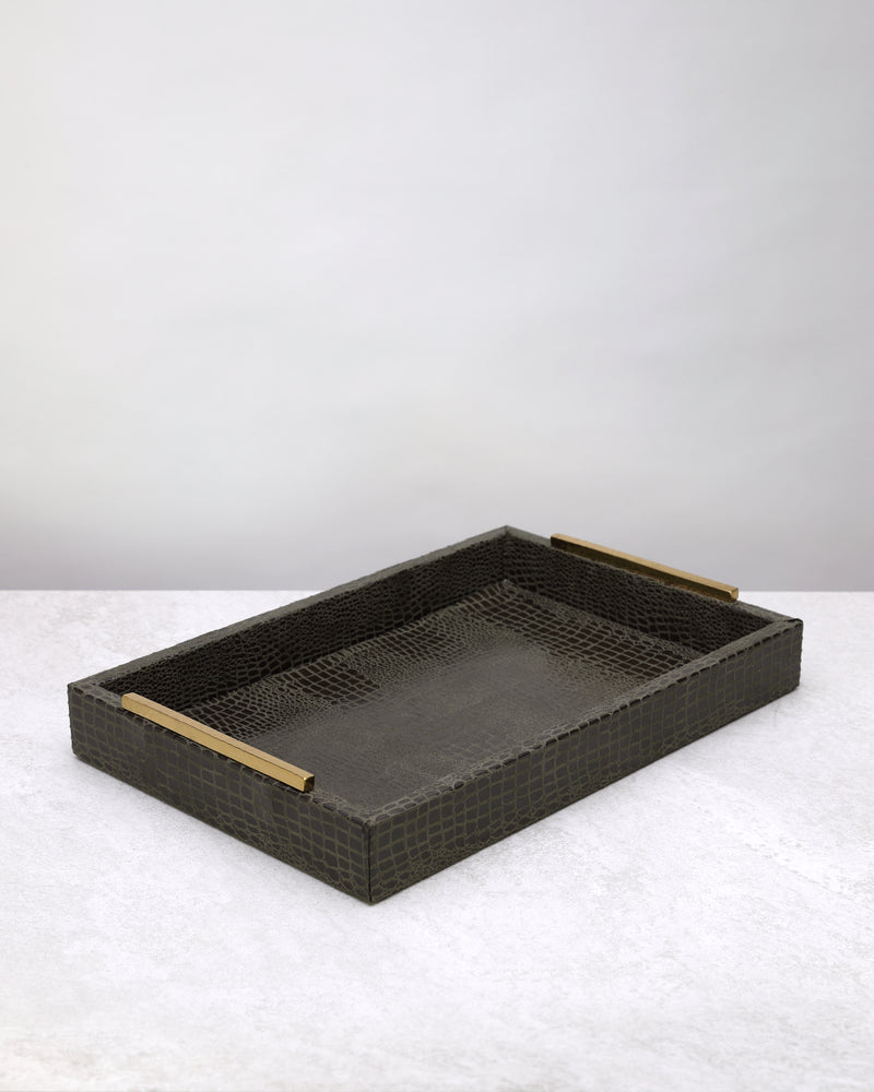 Small olive green slim faux leather tray with gold handles