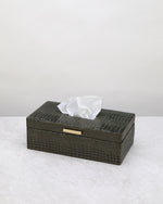 Olive green faux leather tissue box with a gold detail