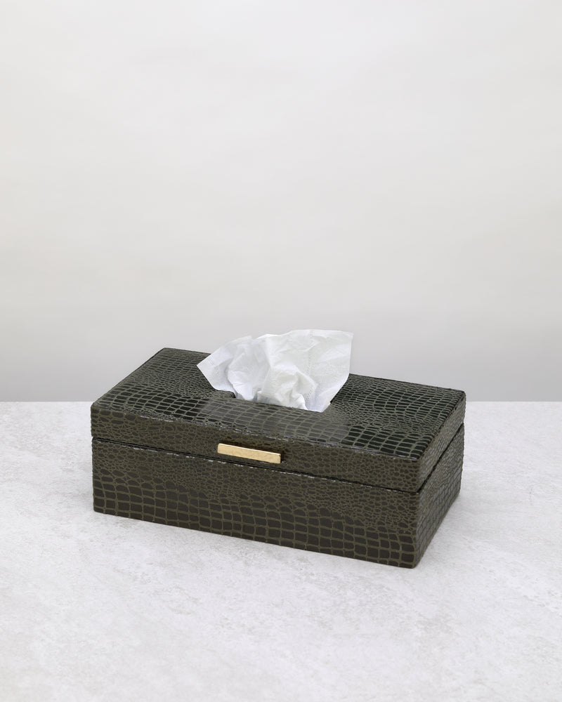 Olive green faux leather tissue box with a gold detail