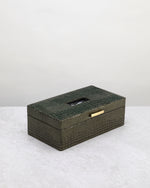 Olive green faux leather tissue box, angled view