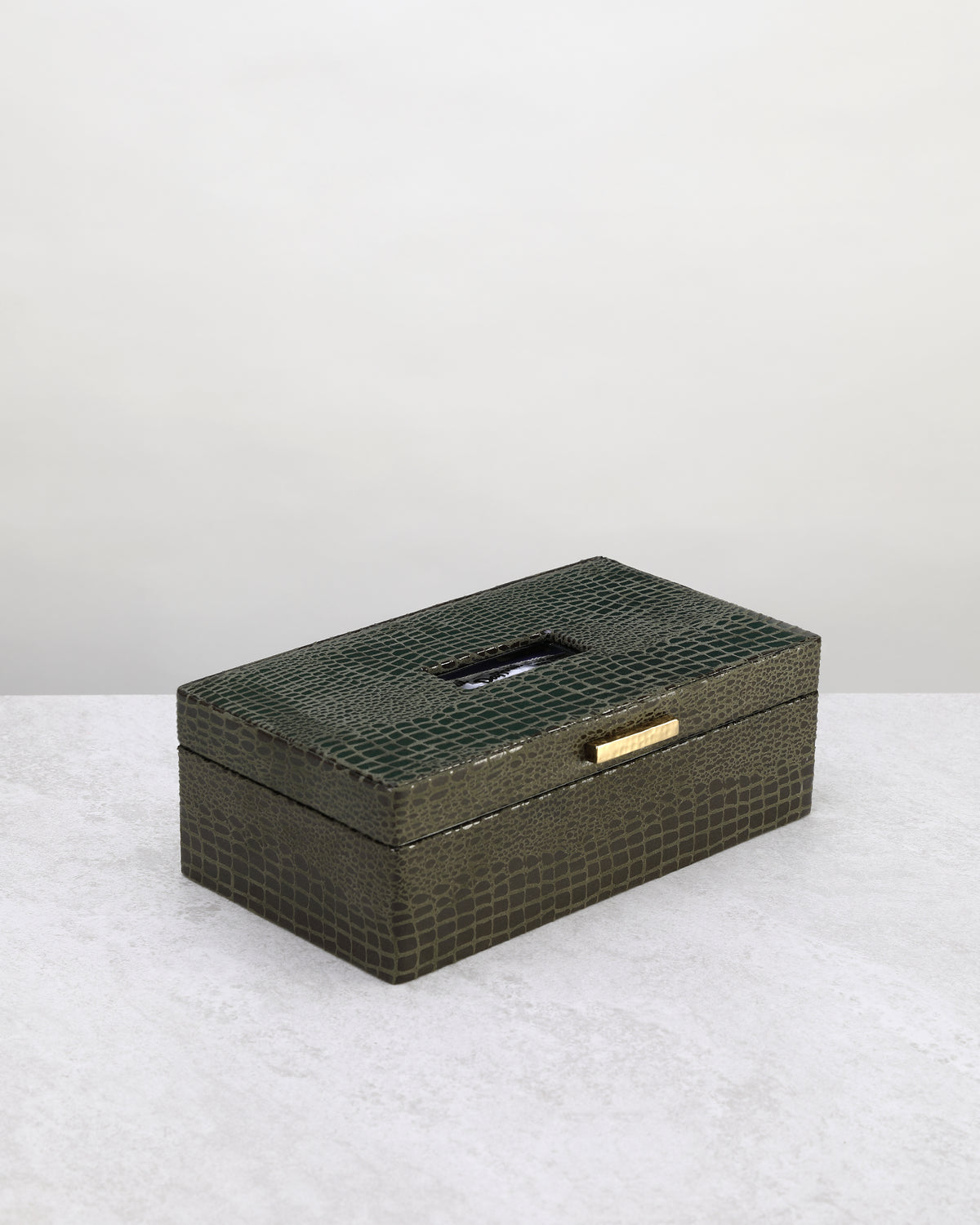 Olive green faux leather tissue box, angled view