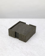 Olive green slim faux leather coaster set stacked in its holder
