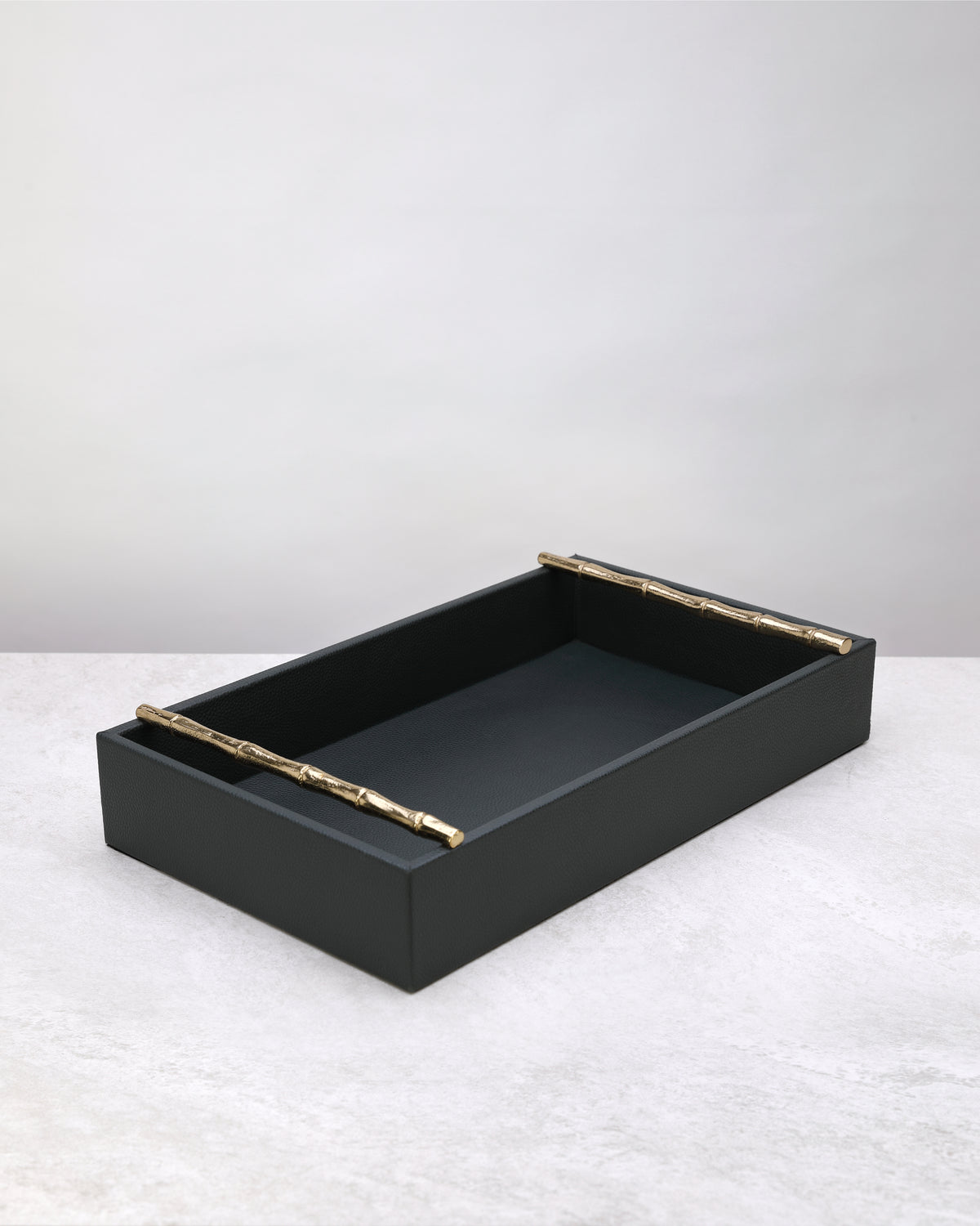 Large olive green faux leather tray with gold bamboo-style handles