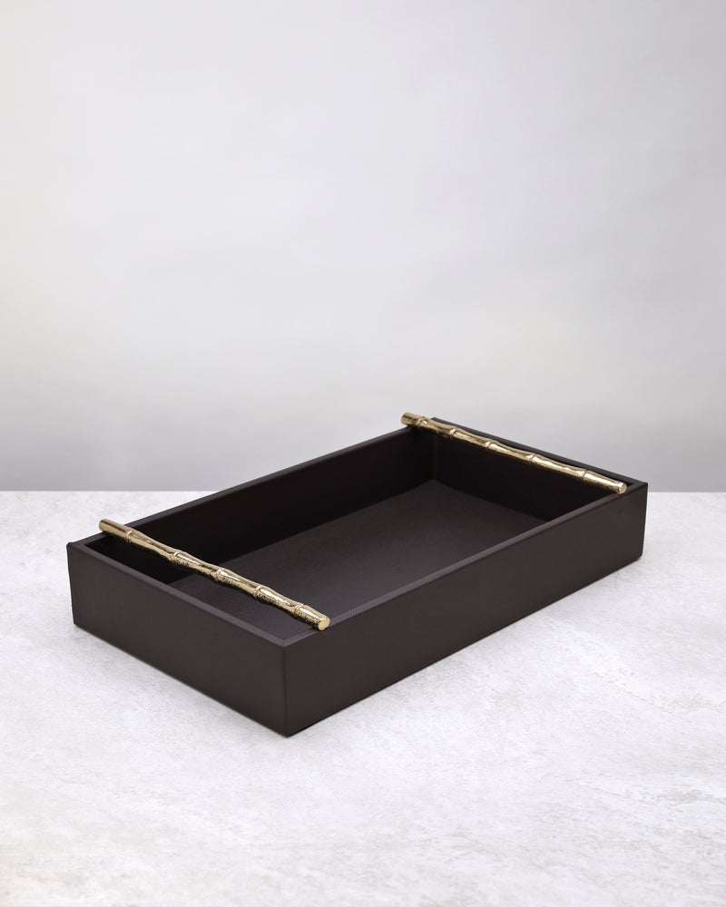 Large cherry faux leather tray with gold bamboo-style handles