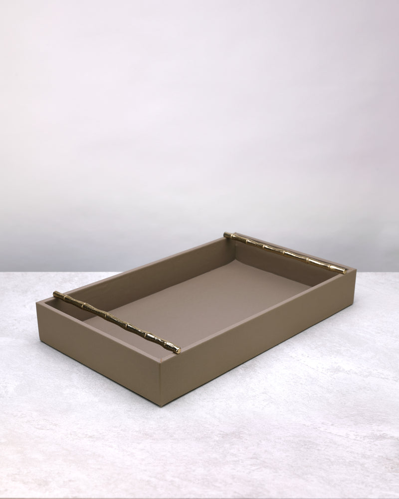 Large pea green faux leather tray with gold handles
