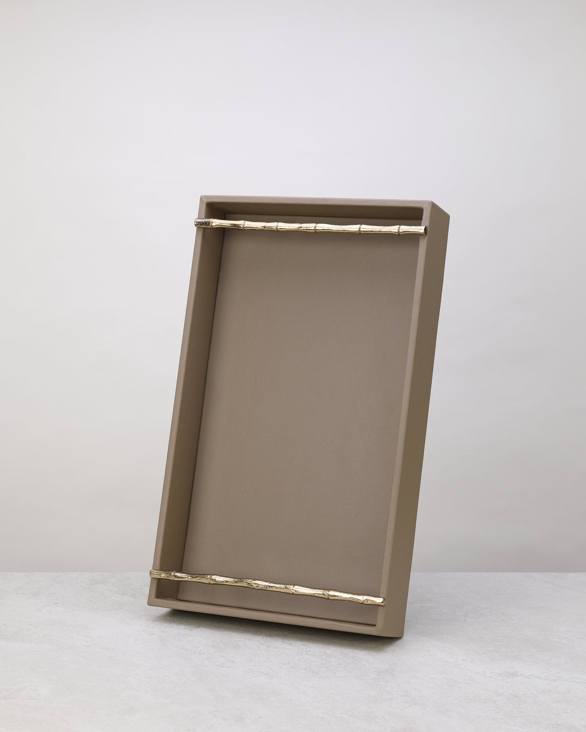 Large pea green faux leather tray standing upright