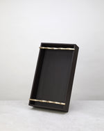 Small cherry faux leather tray standing upright to show its brass bar handles