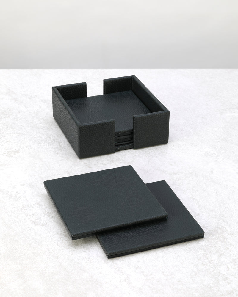 Olive green faux leather coaster set with its square holder