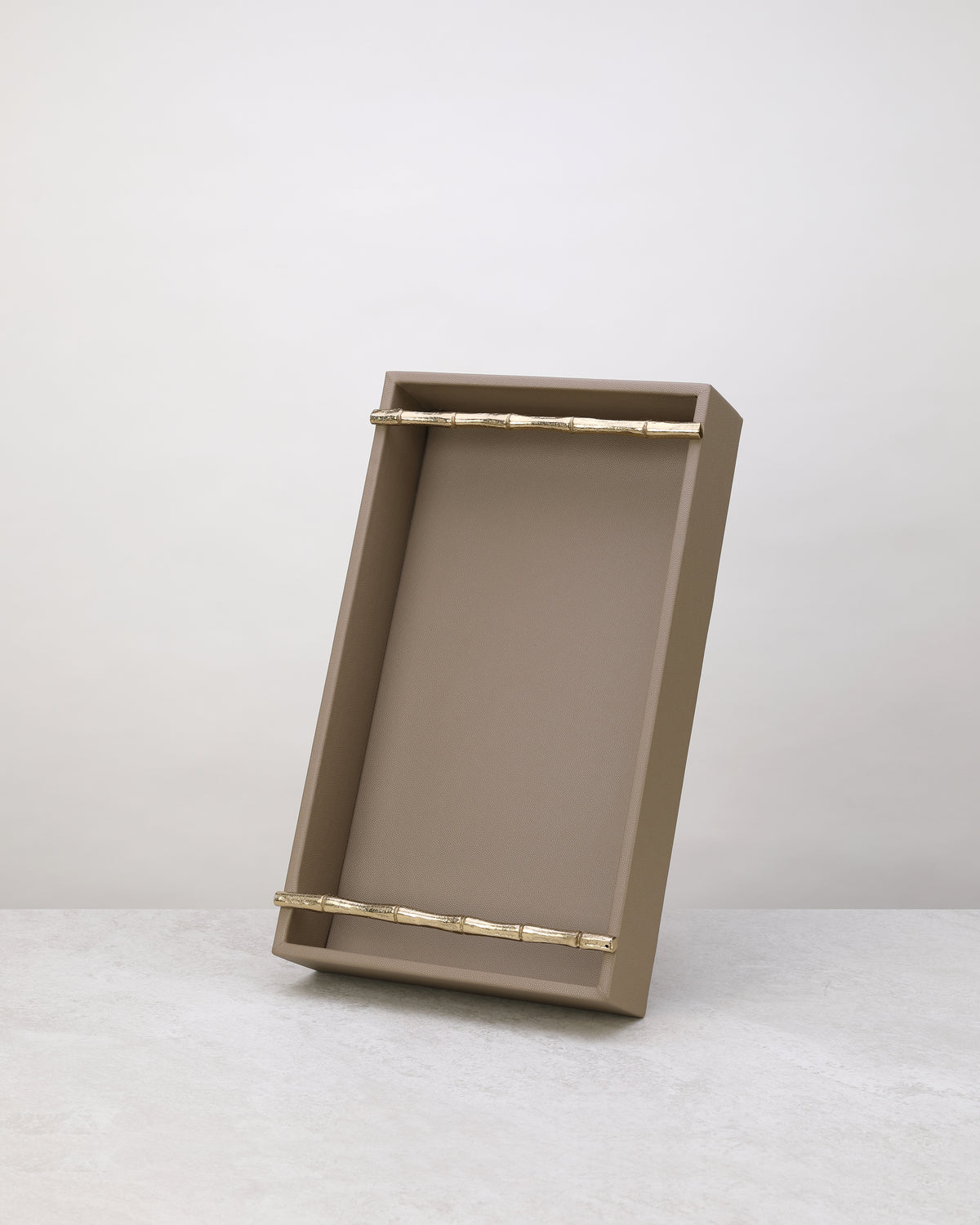 Small pea green faux leather tray with gold handles