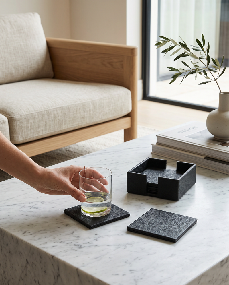 Hand setting a glass on an olive green faux leather coaster on a coffee table