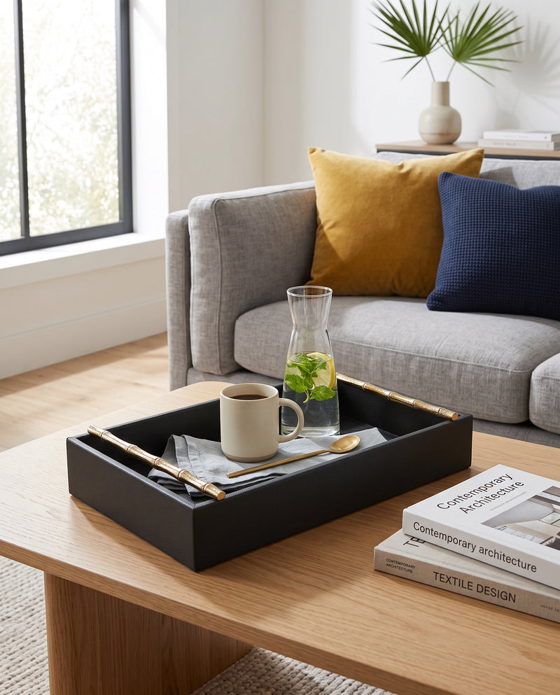 Small olive green faux leather tray with brass handles on a coffee table, holding a cup and glass