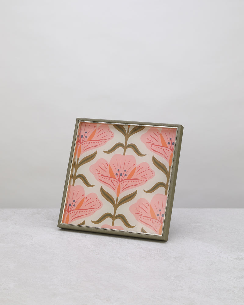 Square tray with a pink floral print and green frame