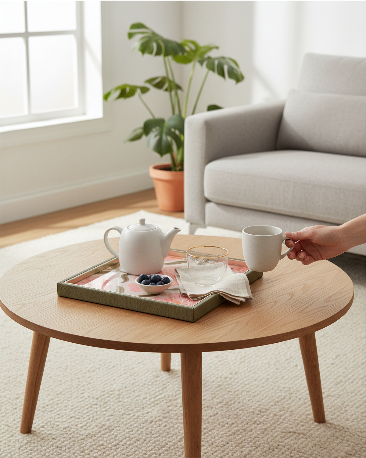 Green floral square tray with a teapot on a round coffee table