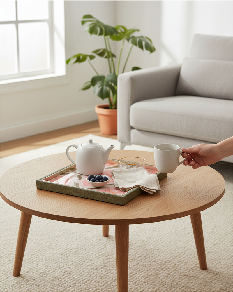 Green floral square tray with a teapot on a round coffee table