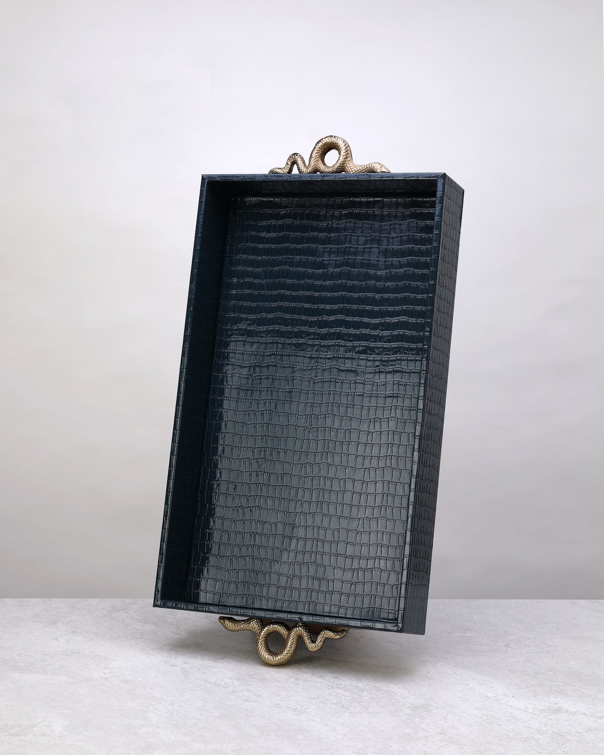 Large navy croco tray standing upright