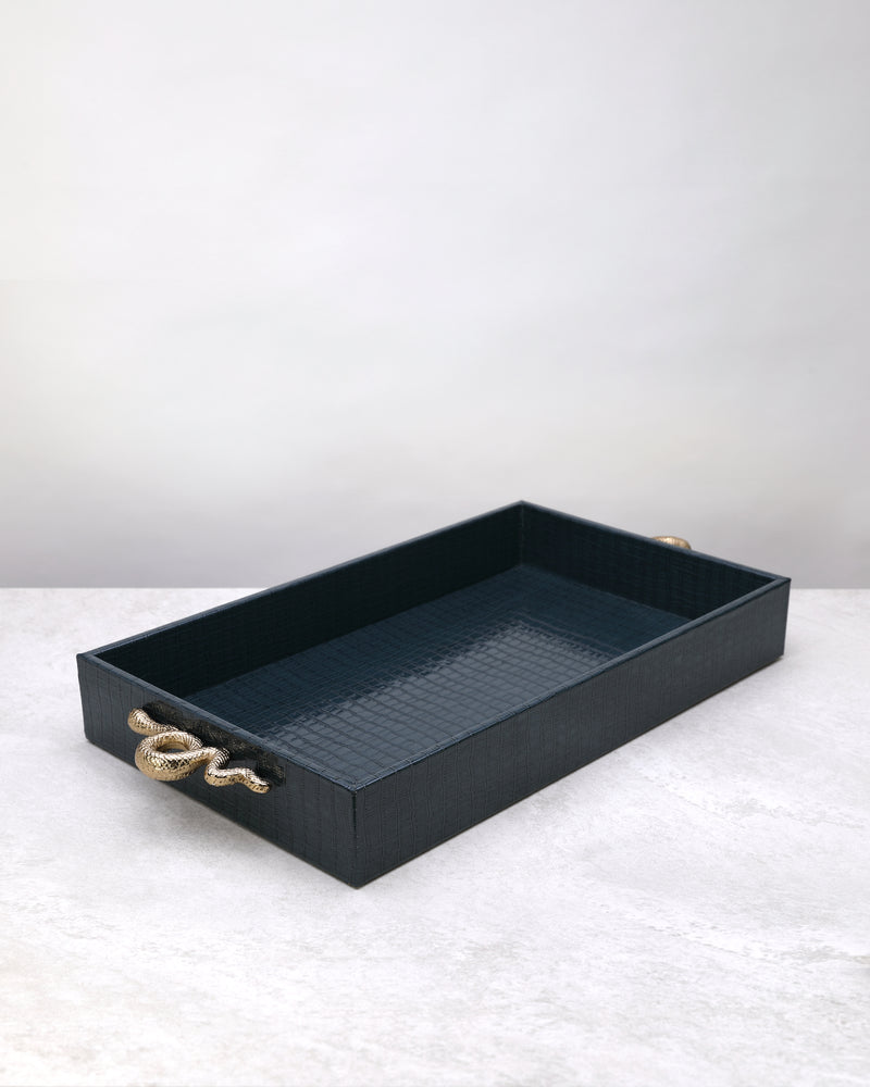 Large navy croco-textured tray with gold knot handles