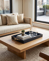 Large navy croco tray styled with glasses and books on a coffee table