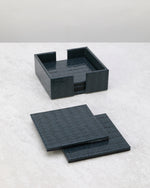 Navy blue faux leather coaster set with its square holder