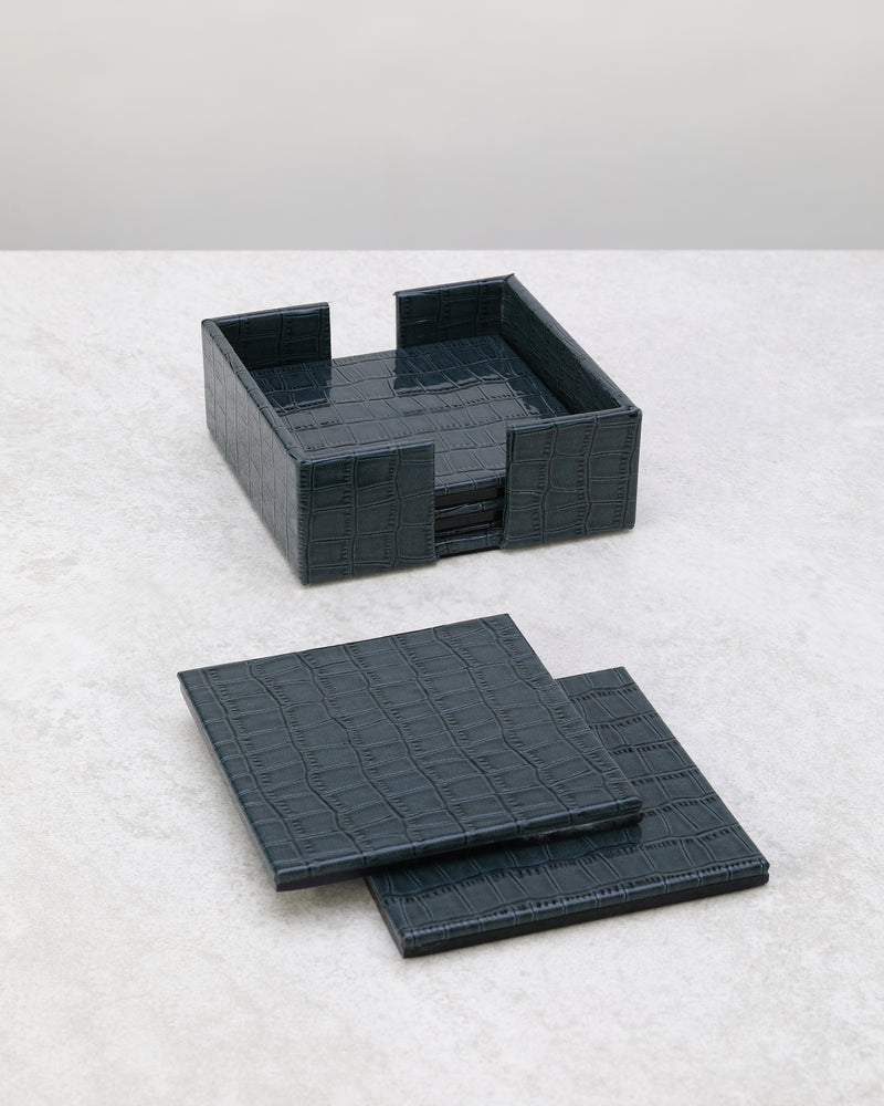 Navy blue faux leather coaster set with its square holder
