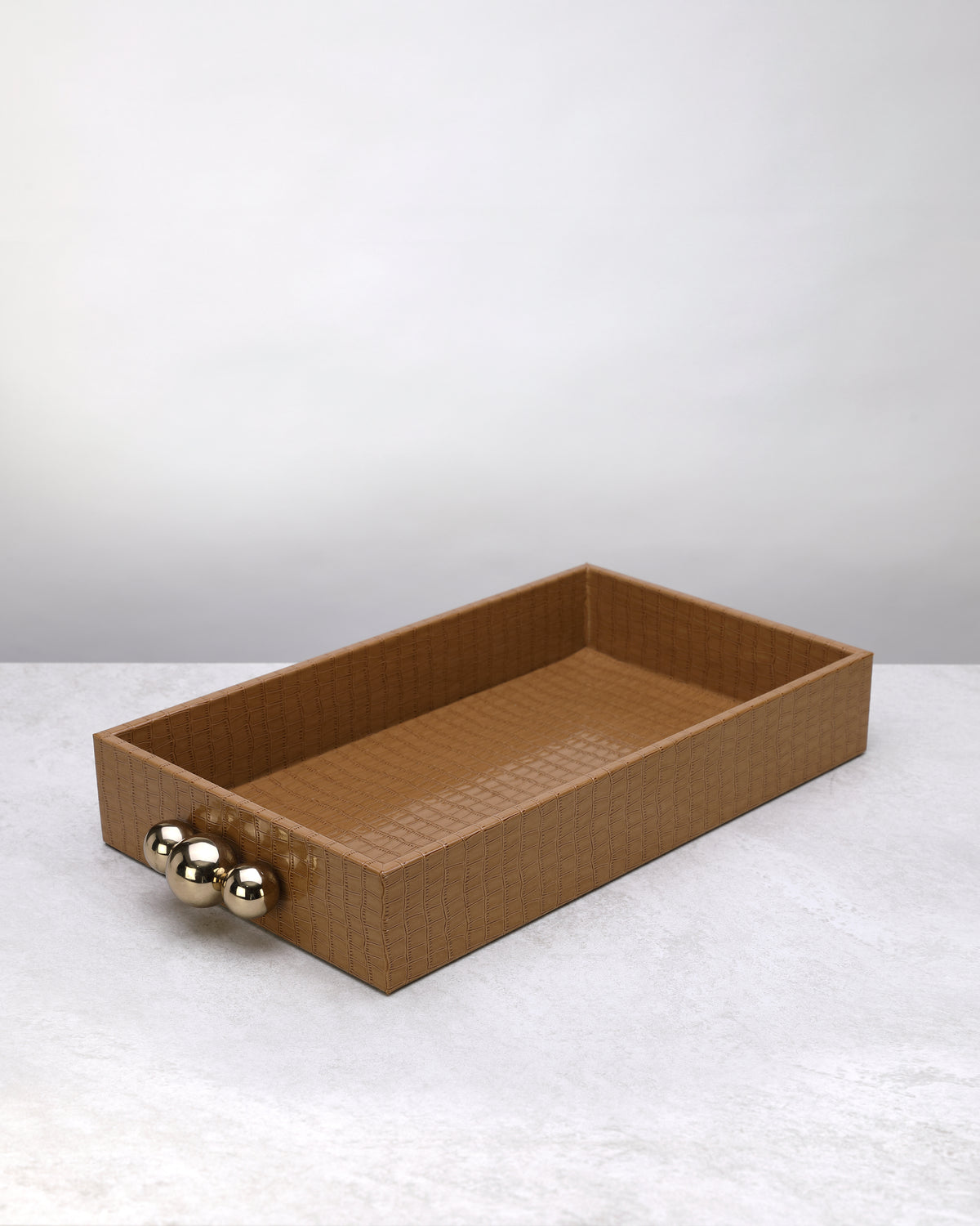 Large beige croco-textured tray with gold handles