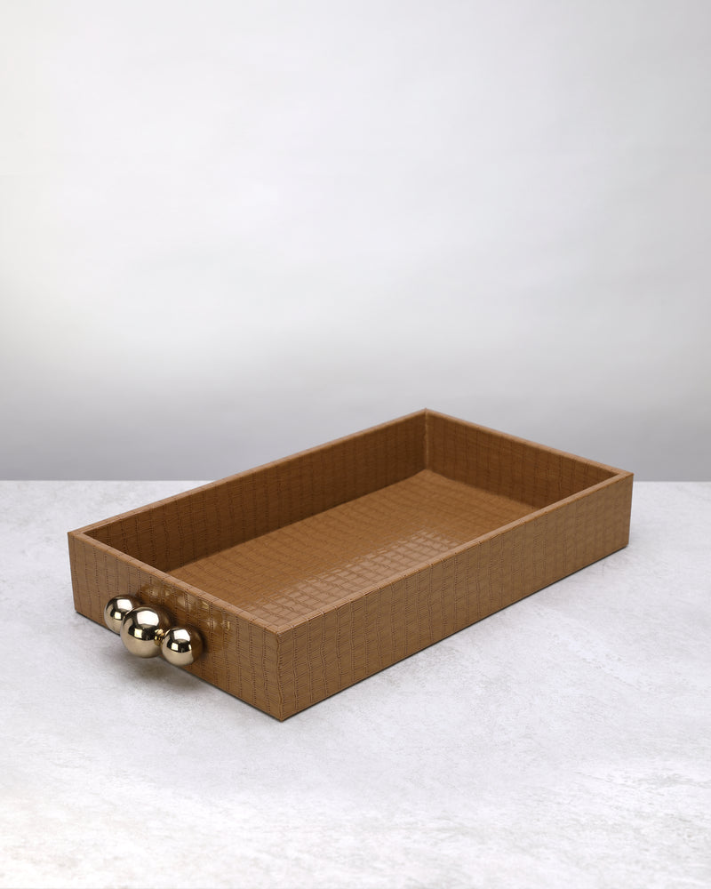 Large beige croco-textured tray with gold handles