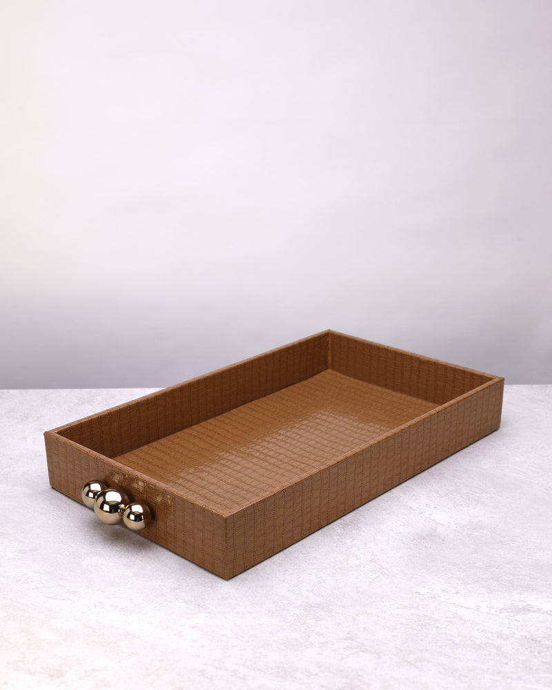 Small beige croco-textured tray with gold handles