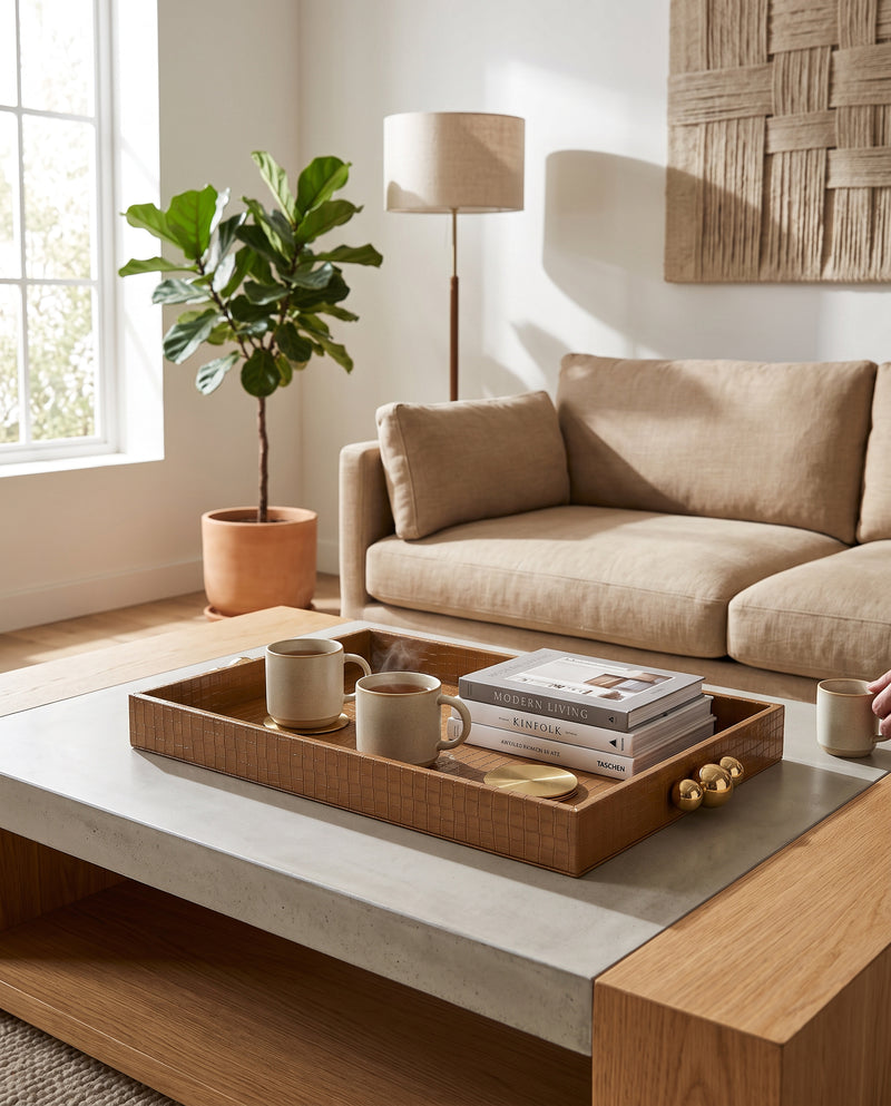 Large beige croco tray holding cups and books on a coffee table in a living room