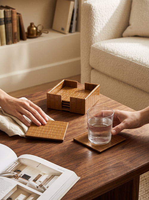 Beige Faux Leather Coaster Set