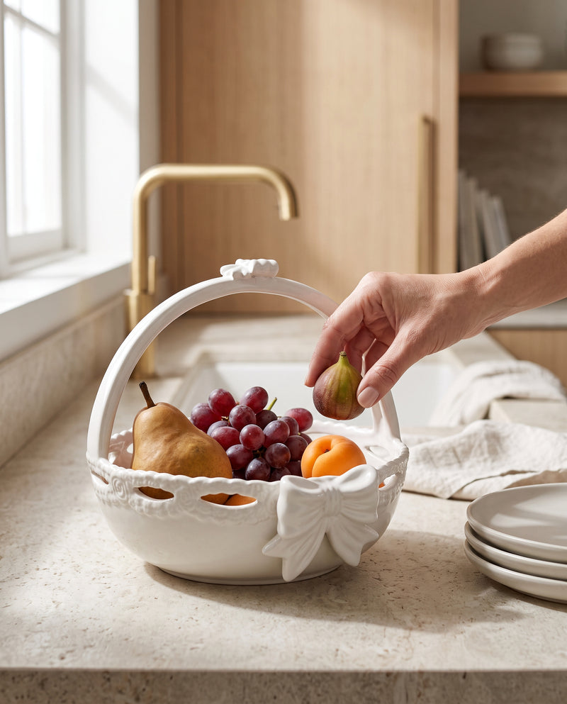 White ceramic basket filled with fruit on a kitchen counter, a hand picking a grape