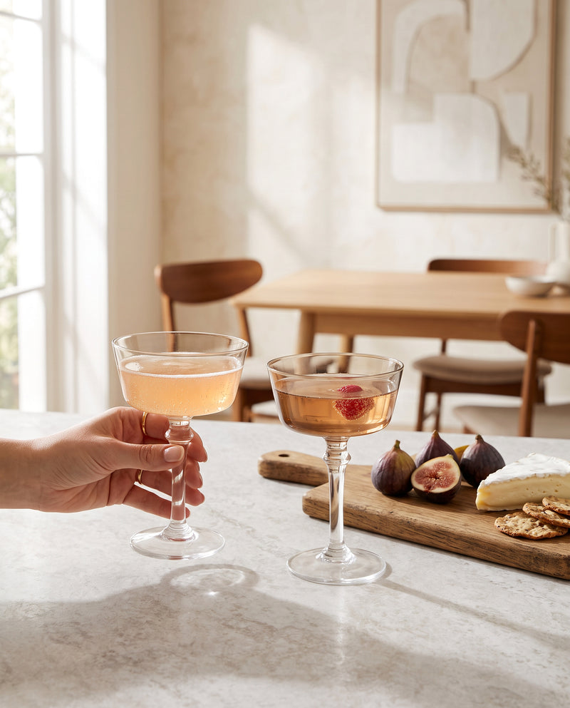 Coffee coupe glasses with drinks on a counter beside figs and cheese, a hand lifting one