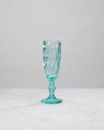 Single aqua diamond cut champagne flute, front view