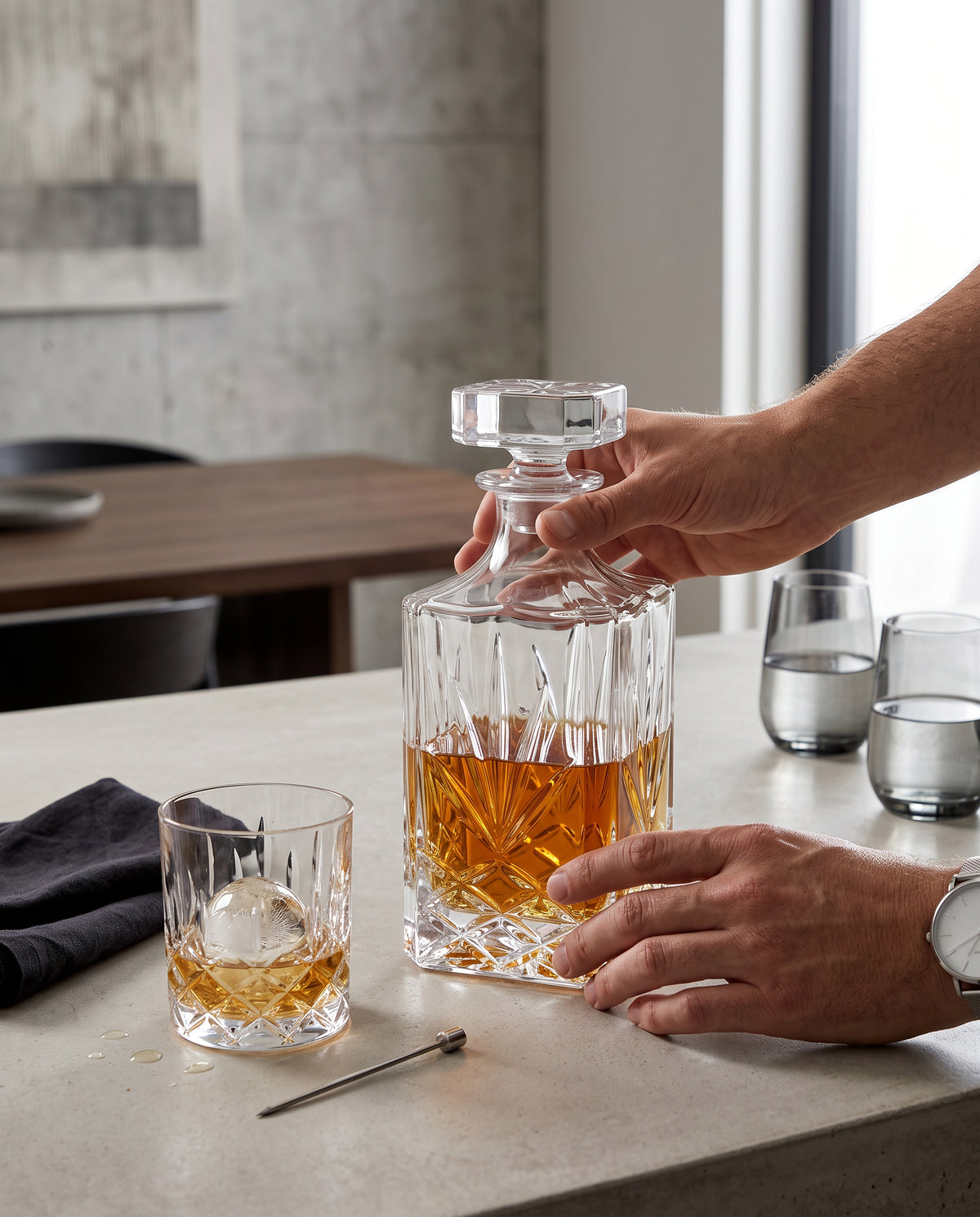 Machine cut decanter of whisky being poured into a matching glass on a kitchen counter