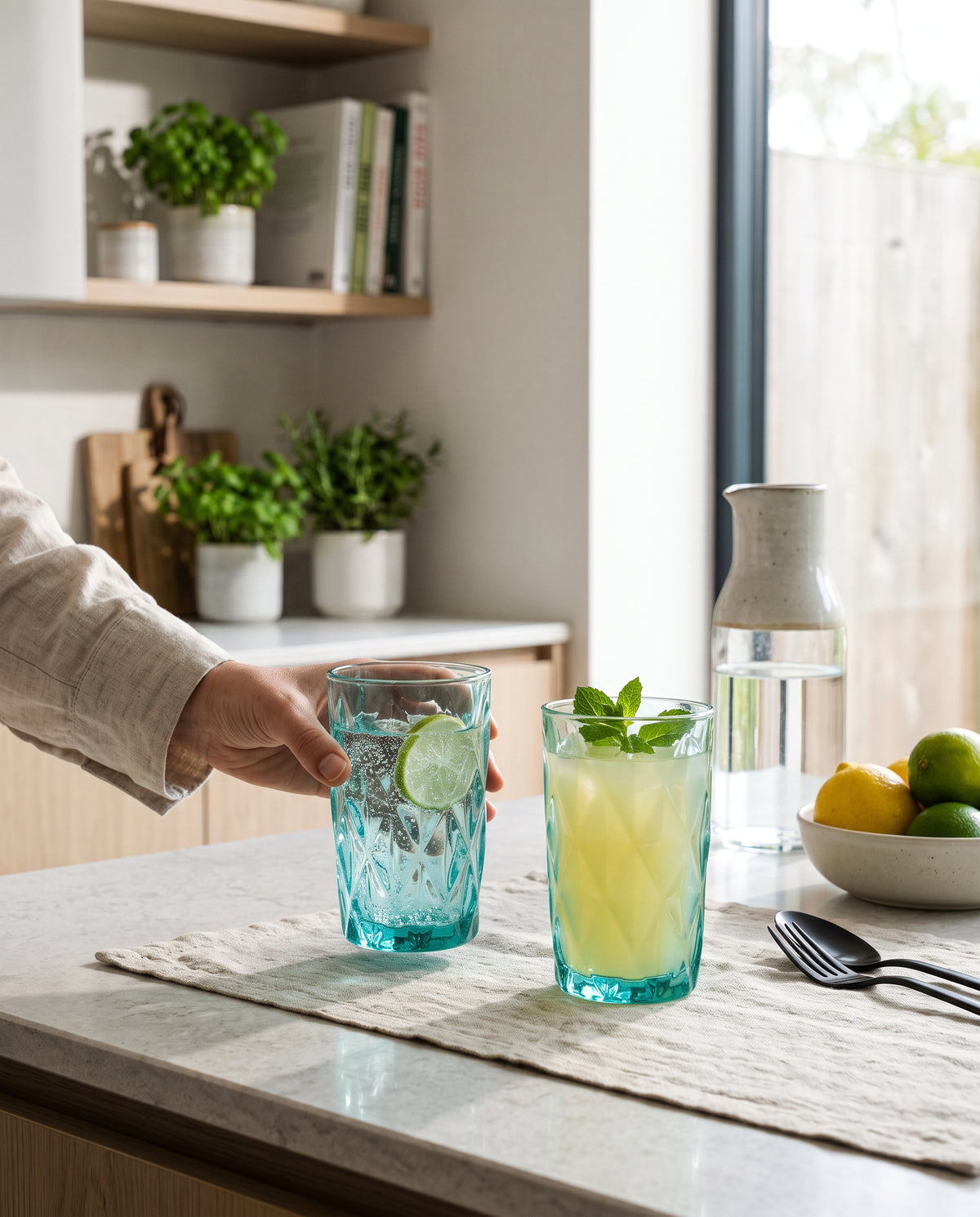 Aqua diamond cut highball glasses with lemonade and mint on a kitchen counter