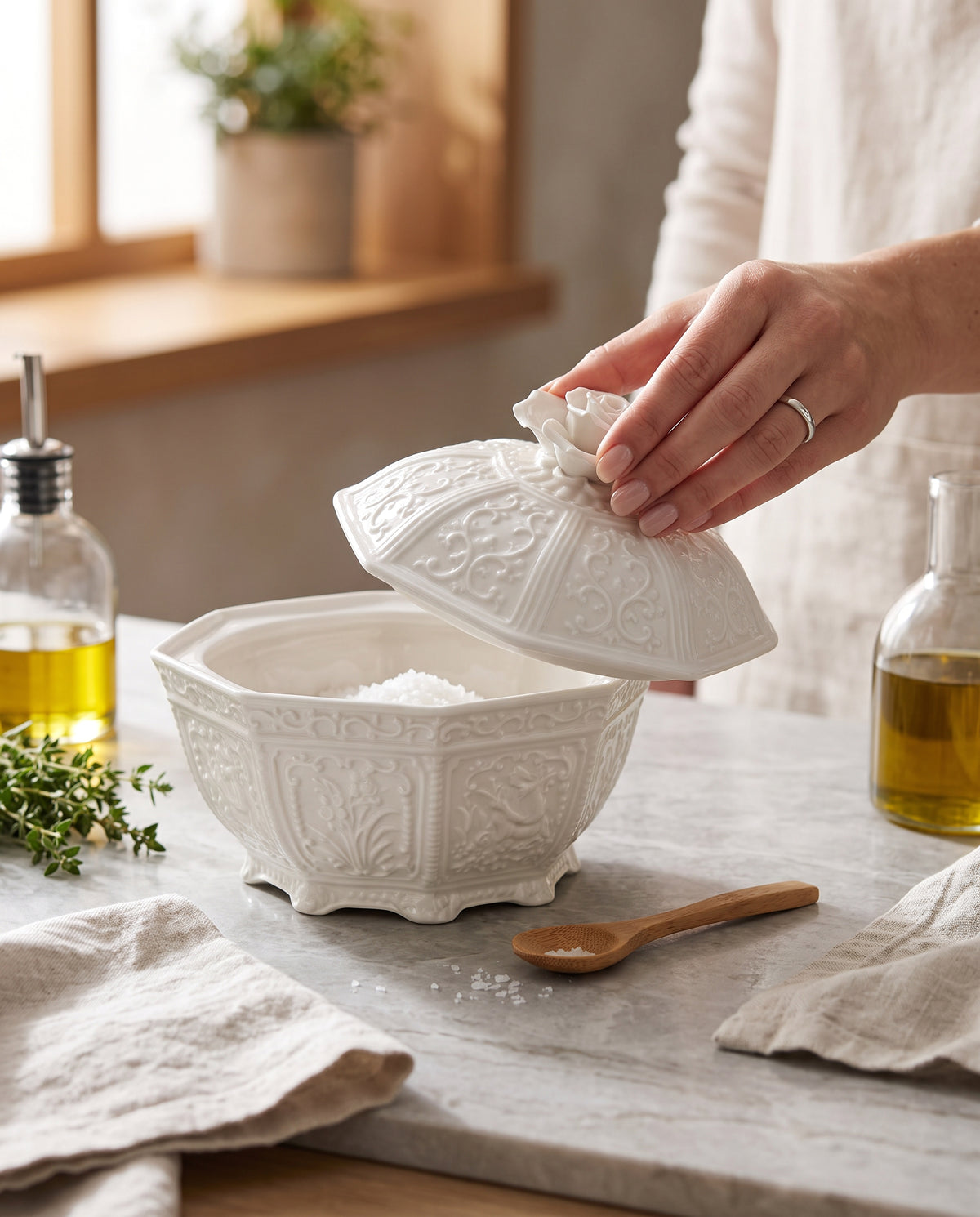 Hand lifting the lid of the white porcelain jar on a kitchen counter
