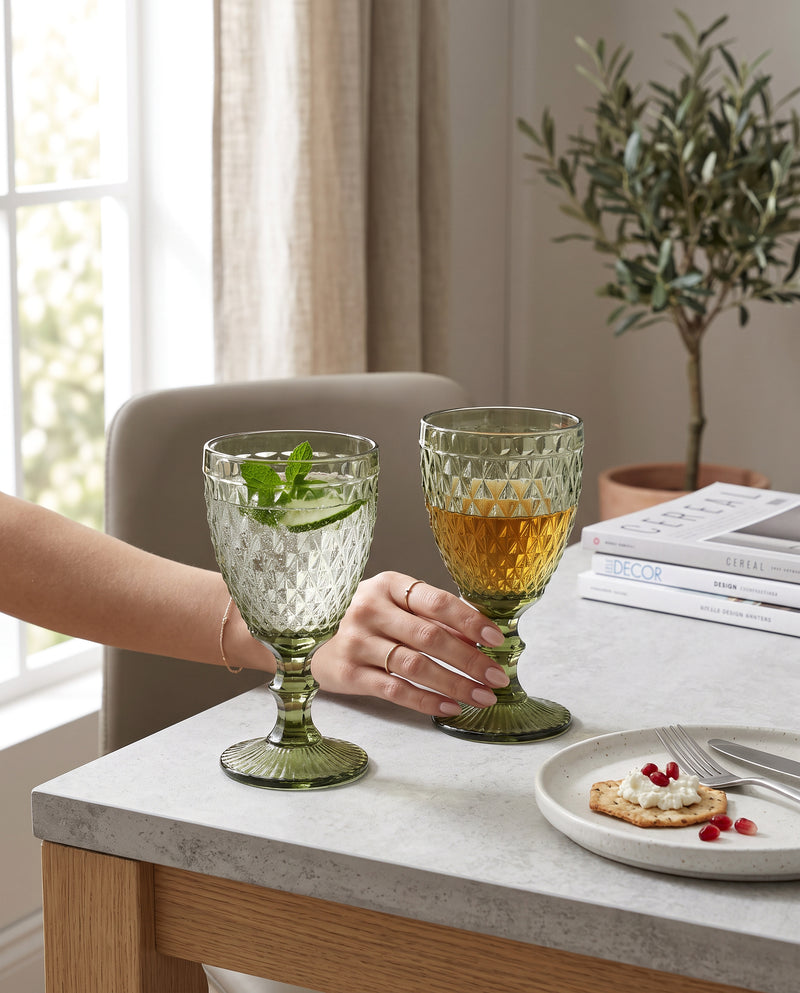 Olive green diamond wine glasses with drinks on a side table, a hand holding one