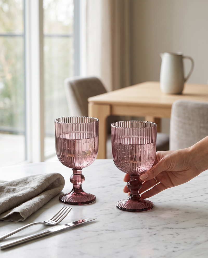Hands holding cordovan ribbed wine glasses at a set dining table