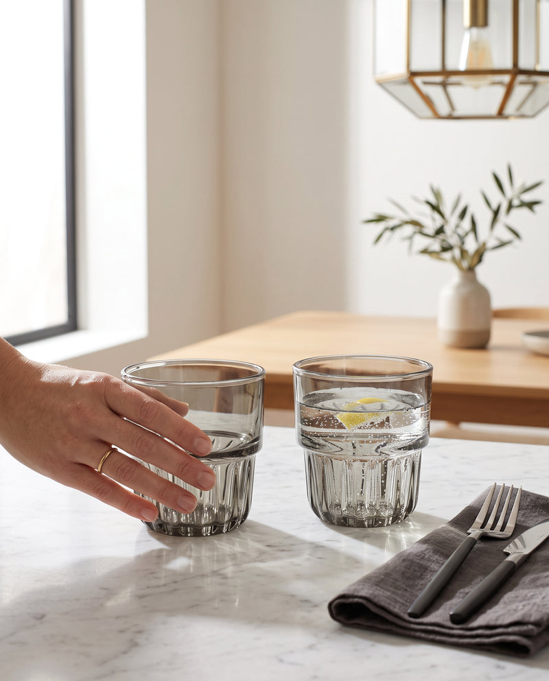 Grey water glasses on a dining table, a hand lifting one