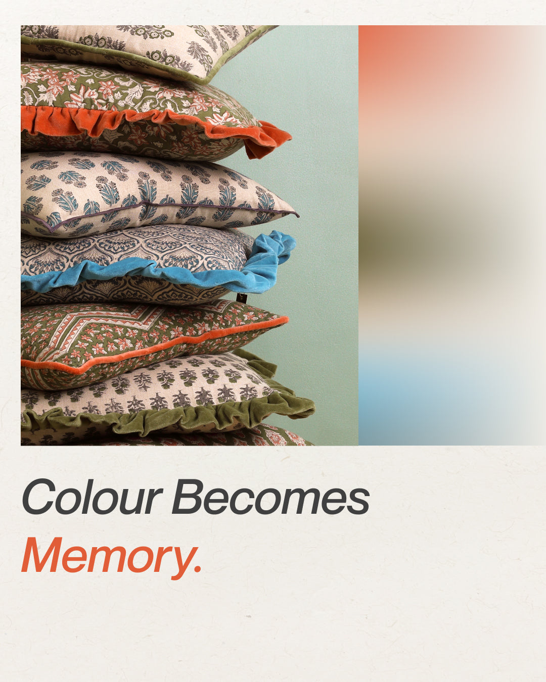Stack of printed frilledged cushion covers by Cahlén Studio