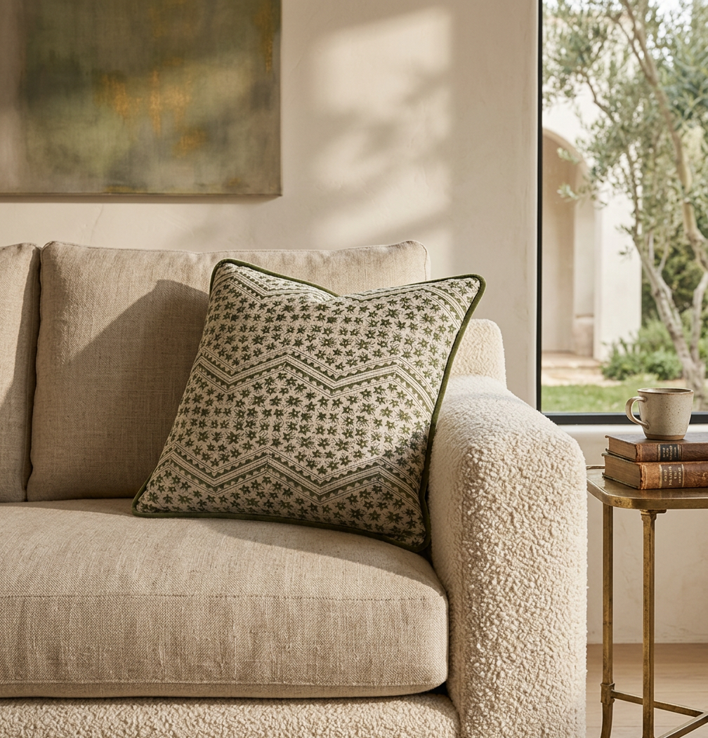 Green piped printed cushion on a beige sofa in a sunlit room